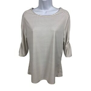 Ann Taylor Factory Womens Top Size L White w Black Stripe 3/4 Sleeves Round Neck